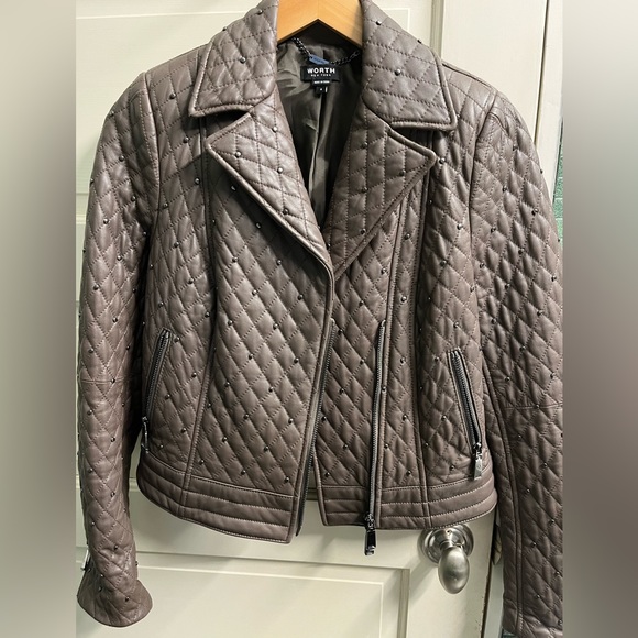 SOLD elsewhere. Worth NY Leather Moto Biker Jacket Mink Brown Quilted 4 SM $998 - Picture 2 of 8